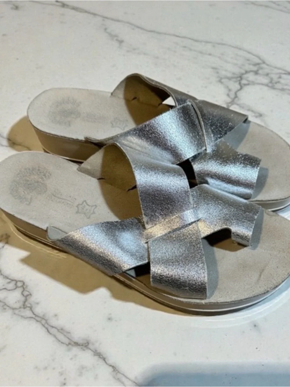 FANTASY SANDALS Silver Metallic Platform Slide Sandals Women EU 41 US 10 Comfort